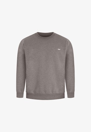 Grauer Pullover aus weichem Material. Rundhalsausschnitt, lange Ärmel, gerippte Bündchen und Saum, mit einem kleinen Logo auf der Brust.