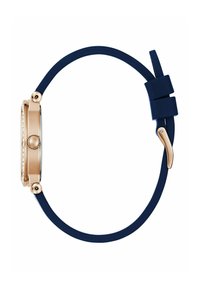 Roosakullaga käekell ümmarguse korpuse, kristallaktsentide ja tumesinise silikoonriba ning poleeritud metallist klambri ja silmusega.