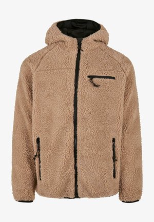 Fleecejacke in hellem Beige mit Kapuze, ausgestattet mit schwarzen Reißverschlusstaschen und Frontverschluss, strukturiertem Stoff und Raglanärmeln.
