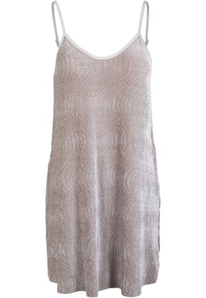 Light grey slip dress with thin adjustable straps, featuring a textured, wrinkled surface and a loose, flowy design.