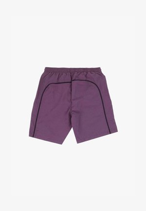 Pantaloni sportivi viola con vita elastica, dettagli in piping neri lungo i lati e una texture leggera e liscia.