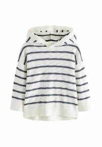 Stribet hættetrøje i creme og marineblå, med en frontlomme, blød strikstruktur og en v-hals design med hætte.
