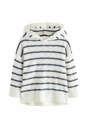 Gestreifter Kapuzenpullover in Creme und Marineblau, mit einer Fronttasche, weichem Strickmaterial und einem V-Ausschnitt-Design mit Kapuze.