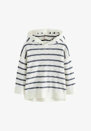 Gestreifter Kapuzenpullover in Creme und Marineblau, mit einer Fronttasche, weichem Strickmaterial und einem V-Ausschnitt-Design mit Kapuze.