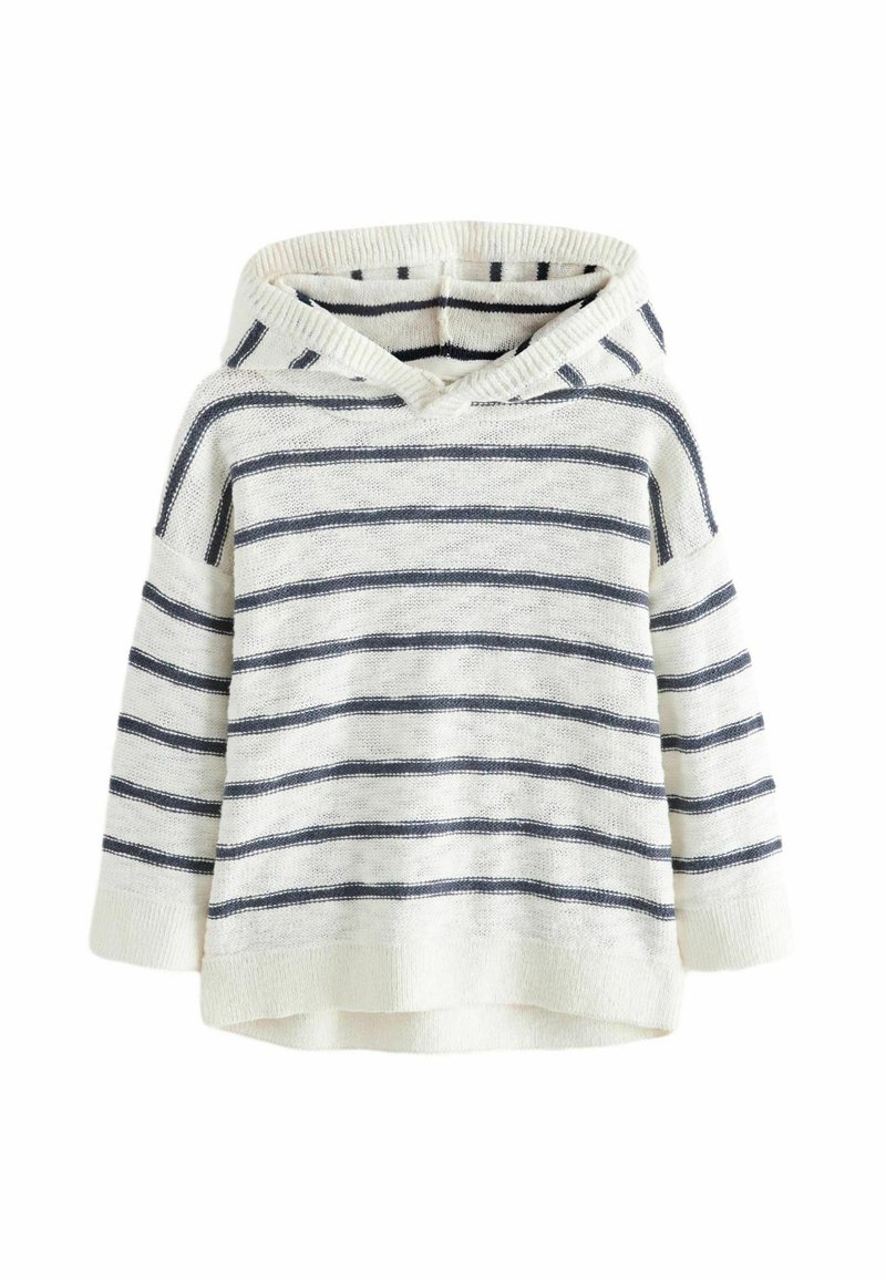 Stribet hættetrøje i creme og marineblå, med en frontlomme, blød strikstruktur og en v-hals design med hætte.