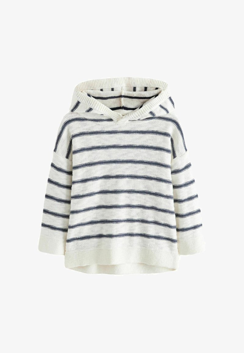 Striped hoodie sweater in cream and navy, featuring a front pouch pocket, soft knit texture, and a v-neck design with a hood.
