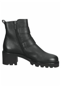 Bottine en cuir noir avec finition texturée, fermeture éclair latérale et trois courroies horizontales. Talon carré avec une semelle épaisse et crantée.