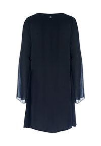 Abito lungo nero a maniche lunghe realizzato in tessuto leggero, caratterizzato da una vestibilità ampia, scollatura a V e maniche trasparenti con orlo rotondo.