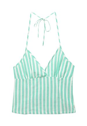 Top halter verde menta con strisce verticali bianche, scollo a V e chiusura con lacci sul retro. Tessuto liscio e leggero con una vestibilità rilassata.