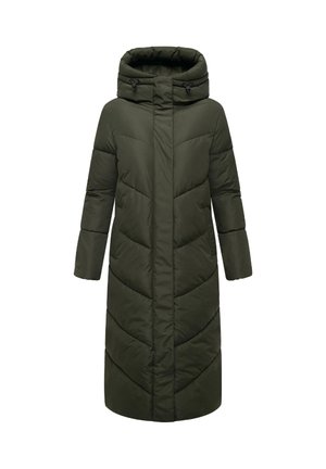 Cappotto lungo e imbottito di colore verde scuro. Presenta un cappuccio, un design di trapuntatura angolare e una zip nascosta con dei lacci. Tessuto liscio e testurizzato.