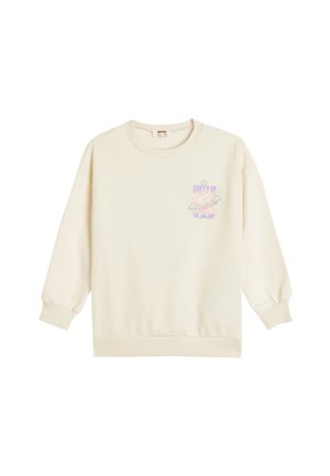 Sweat-shirt crème avec de longues manches bouffantes, des poignets et un ourlet côtelés, arborant un design graphique pastel portant l'inscription "Reine de la Galaxie".