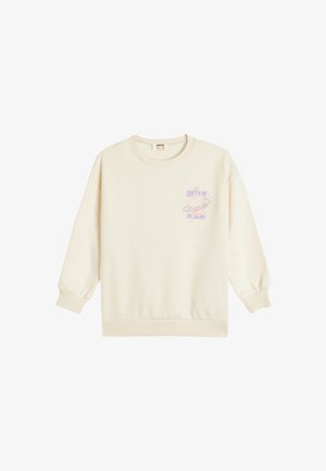 Cremefarbener Sweatshirt mit langen, gepufften Ärmeln, gerippten Bündchen und Saum, mit einem pastellfarbenen Grafikdesign, das "Queen of the Galaxy" zeigt.