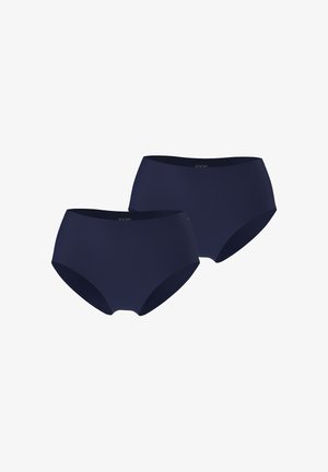 Deux paires de culottes taille haute en bleu marine foncé. Tissu lisse sans motifs visibles. Les ceintures portent un branding discret.