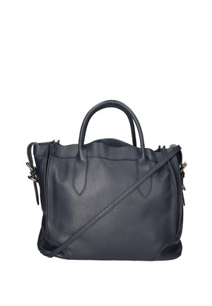 Marineblaue Lederhandtasche mit zwei oberen Griffen, abnehmbarem Umhängegurt, strukturiertem Oberflächenmaterial und Reißverschluss. Verfügt über minimale Hardwareakzente.