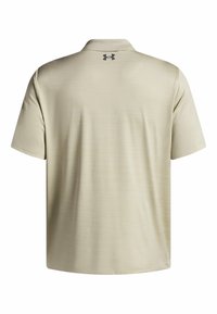 Helles beige Poloshirt mit kurzen Ärmeln aus einem strukturierten Stoff, klassischem Kragen und einem kleinen schwarzen Logo auf dem oberen Rücken.