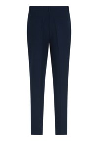 Navy trousers with a tailored fit, featuring two back pockets, a single crease down the front, and a smooth texture.