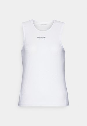 White sleeveless athletic top with a textured mesh design. Features a round neckline and "GripGrab" logo in gray across the chest.
