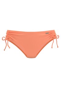 Oranžový pásikový bikiny s nastaviteľnými bokmi a viazaniami. Hladká textura a dizajn s mírným pokrytím pre plážový odev.