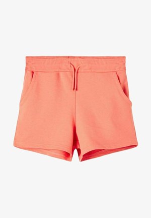 Pantalones cortos casuales de color coral con cintura elástica, cordón delantero y bolsillos laterales, hechos de tela suave y ligera.