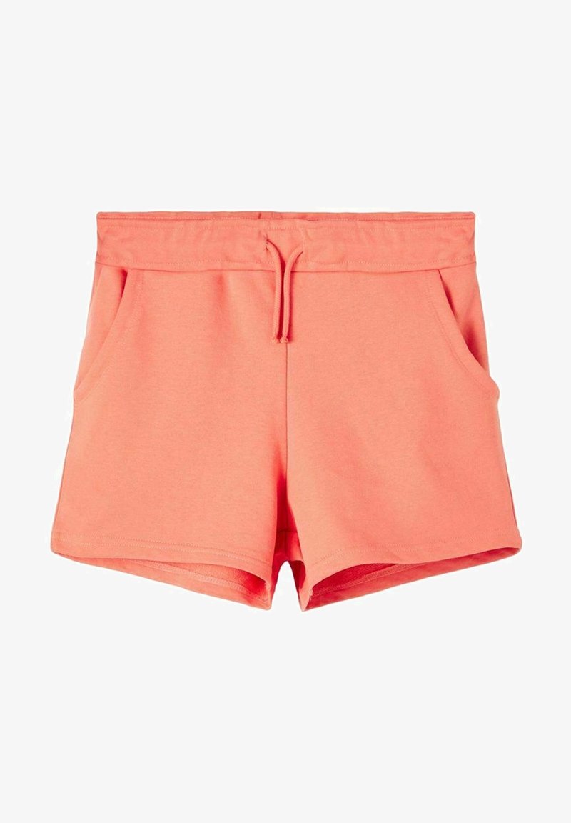 Shorts décontractés couleur corail avec ceinture élastique, cordon de serrage à l'avant et poches latérales, fabriqués en tissu doux et léger.