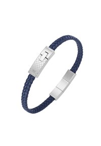 Bracelet en cuir tressé bleu marine avec un fermoir en métal argenté au design de grille texturé et des accents métalliques lisses de chaque côté.