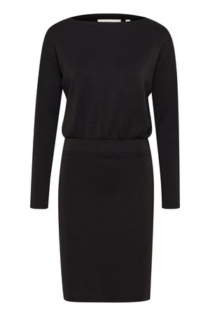 Rochie neagră cu mâneci lungi, decolteu rotund și talie elasticizată. Fabricată dintr-un material moale, prezintă o siluetă ajustată și o textură netedă.