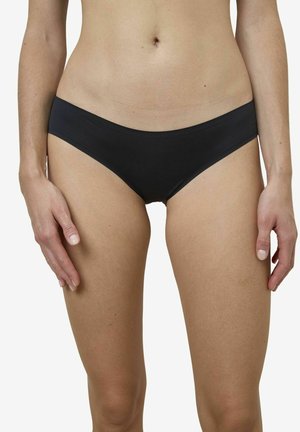 Black seamless bikini bottoms made of smooth fabric; low-rise design with clean edges; minimalistic without visible hardware or patterns.