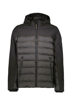 Zwarte pufferjack met gequiltte voorkant, capuchon, volledige ritssluiting, twee ritssluitingen zakken en een ritssluiting zak op de linkerarm.