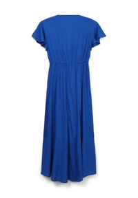 Blue maxi dress made of smooth fabric, featuring a relaxed fit, short flutter sleeves, and an elastic waistband for shaping.