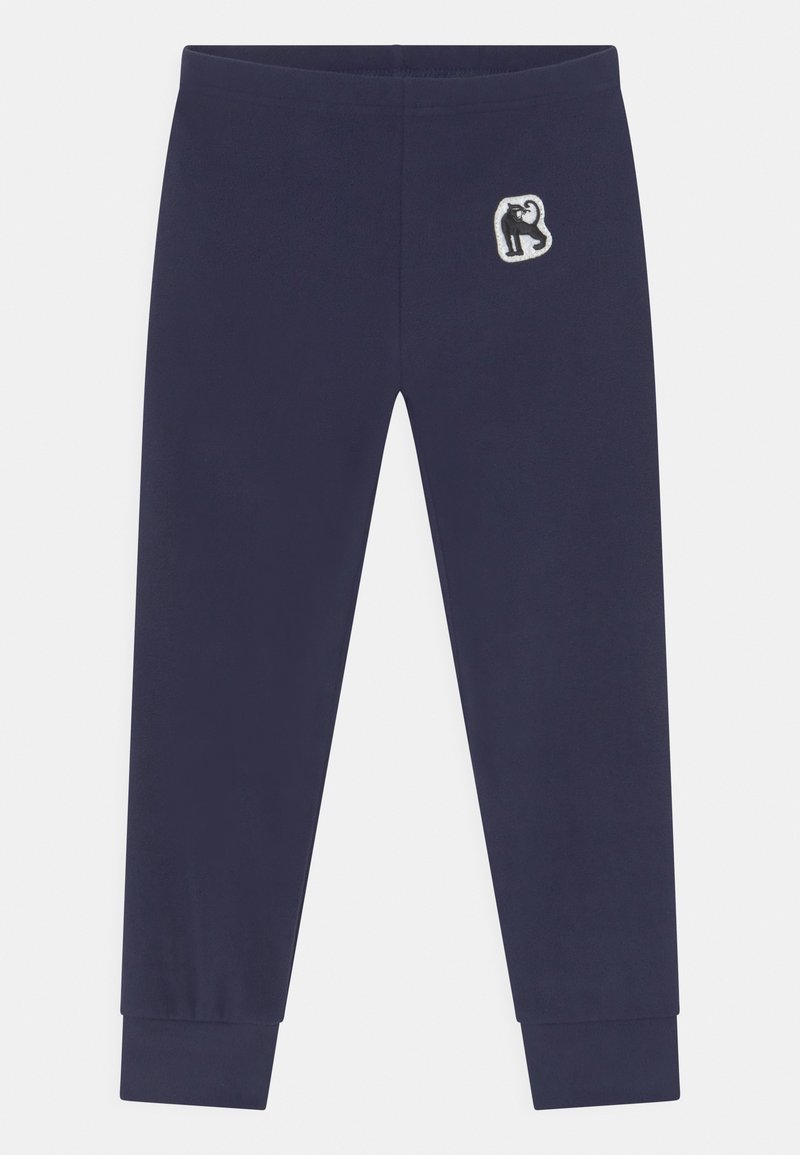 Leggings bleu marine en tissu doux au design ajusté, avec un petit patch logo brodé sur le côté gauche et des poignets côtelés.