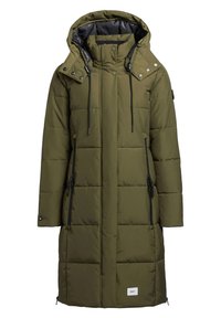 Olive green padded parka with a detachable hood, two zippered side pockets, adjustable drawstrings, and snap details along the neckline.
