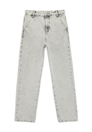Lysegrå højttaljede denimjeans med knap- og lynlåslukning, forlommer og lige ben, vist fladt på en hvid baggrund.