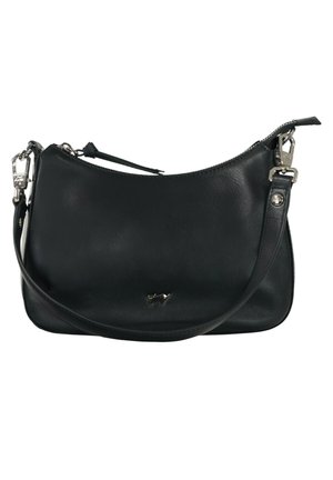 Schwarze Leder-Umhängetasche mit silbernen Metallverschlüssen, Reißverschluss und kleinem tierförmigen Logo in der Mitte vorne.