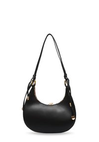 Sac à main en cuir noir avec une silhouette arrondie, doté d'une fermeture zippée, d'une bandoulière fine et d'accents en métal doré.