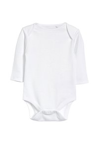 Bílý dlouhý rukáv dětský bodysuit vyrobený z měkké bavlny. Má zaoblený výstřih, patentky v dolní části a jednoduchý, nezdobený design.
