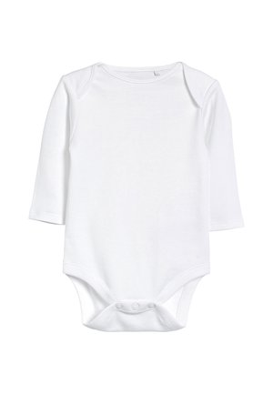 Body per neonati bianco a maniche lunghe realizzato in morbido cotone. Presenta un collo rotondo, chiusure a scatto sul fondo e un design semplice e privo di decorazioni.