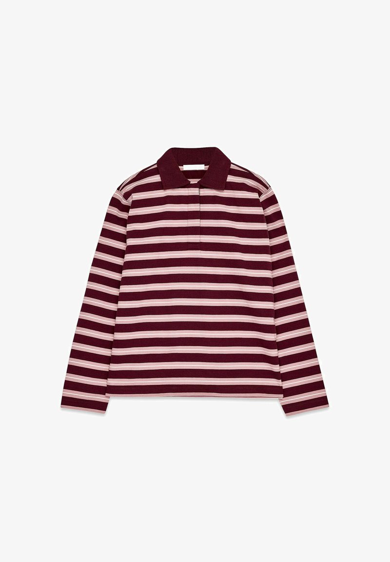Polo z long sleeves w bordo i jasnoróżowy wzór w paski. Posiada kołnierzyk i luźny krój.