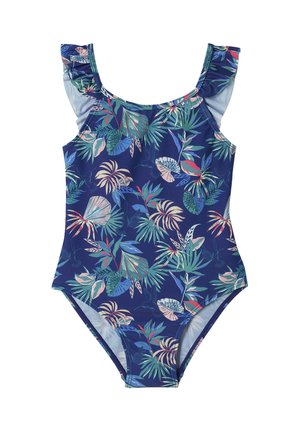 Einteiliger marineblauer Badeanzug mit mehrfarbigem tropischem Blattmuster und Rüschen an den Trägern.
