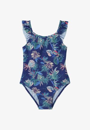 One-piece navy blue swimsuit with multicolored tropical leaf pattern and ruffled shoulder straps.