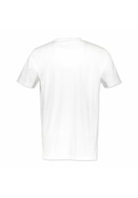 Weißes Baumwoll-T-Shirt mit kurzen Ärmeln und klassischem Rundhalsausschnitt, mit einer glatten Textur, auf der Rückseite schlicht und ohne zusätzliche Details.