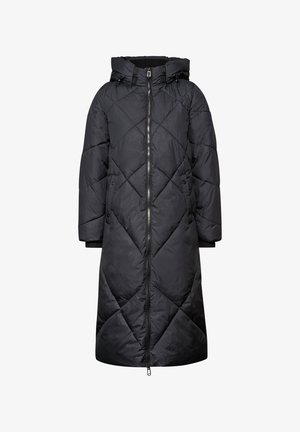 Abrigo de invierno negro largo con acolchado, capucha, cierre frontal con cremallera, dos bolsillos laterales con botones y ajustadores en la capucha.
