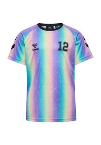 Flerfärgad sporttröja med ett gradientmönster i lila, blå och gröna nyanser; korta ärmar; svarta accenter; nummer 12 fram.