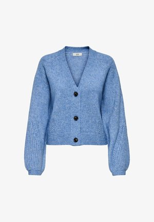 Cardigan tricoté bleu clair avec un col en V, des manches longues et des poignets côtelés. Dispose de cinq boutons noirs sur le devant. Détail de tissu texturé.
