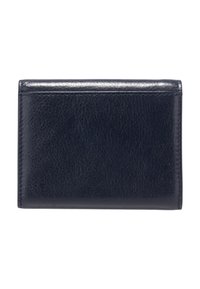 Cartera de cuero azul marino, textura suave, forma rectangular, costuras mínimas, sin herrajes ni adornos visibles. Diseño compacto y funcional.