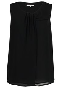 Top senza maniche nero realizzato in tessuto leggero, con pieghe sulle spalle e una vestibilità ampia, dal collo rotondo e senza hardware visibile.