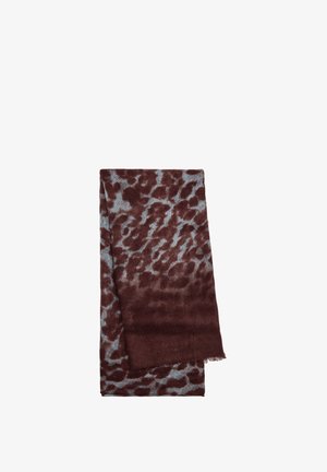 Brązowo-niebieski szalik w wzory, wykonany z miękkiego materiału, z połączeniem wzoru lamparta oraz gładką dolną częścią. Krawędzie są frędzlowane.