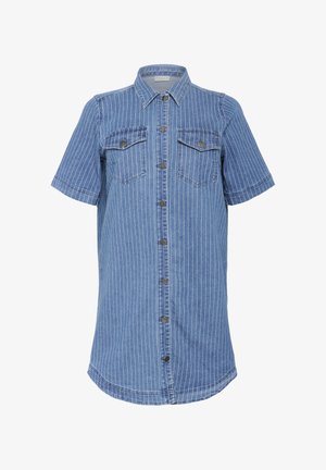 Rövid ujjú világoskék farmering fehér függőleges csíkokkal, gombos elülső rész, két mellzseb és kerekített alsó szegély. Tartós anyagtextúra.