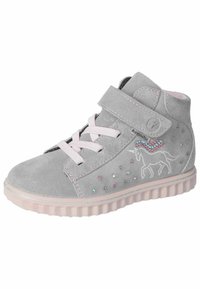 Sneaker high-top grigio in suede con accenti rosa, gemme decorative e un motivo di unicorno sul lato. Caratterizzato da chiusura con velcro e lacci.