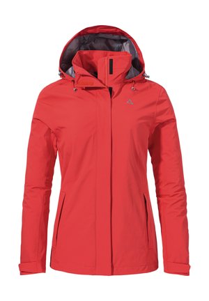Czerwona wodoodporna kurtka z kapturem, zapinana na zamek, z regulowanymi sznurkami, bocznymi kieszeniami oraz akcentem logo na piersi. Gładka tekstura.