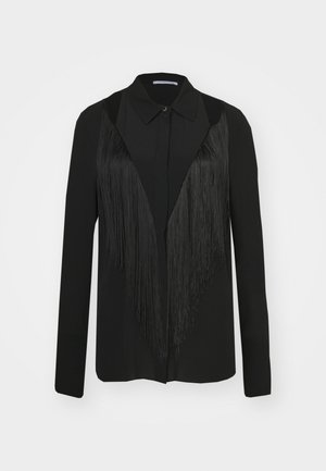 Schwarzes Langarmshirt mit Kragen und Fransenverzierung an der Vorderseite, mit glatter Textur und taillierter Passform.
